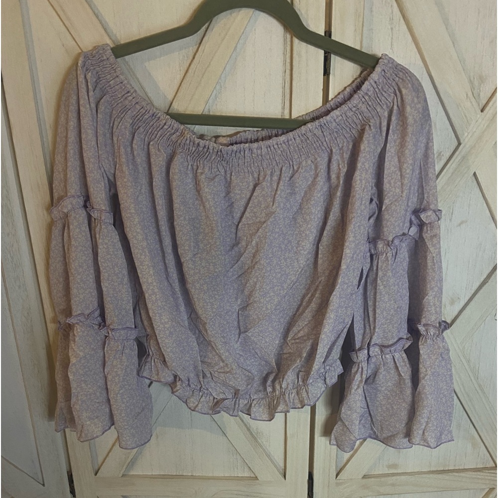 Women Purple Flower off the shoulder bell sleeve top_Large - Picture 10 of 12